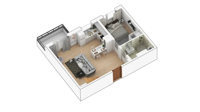 3D-plantegning av en moderne leilighet.