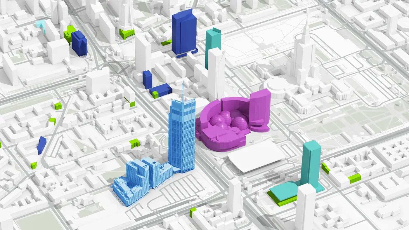 Konseptuell 3D-modell av en by med fargerike bygninger.
