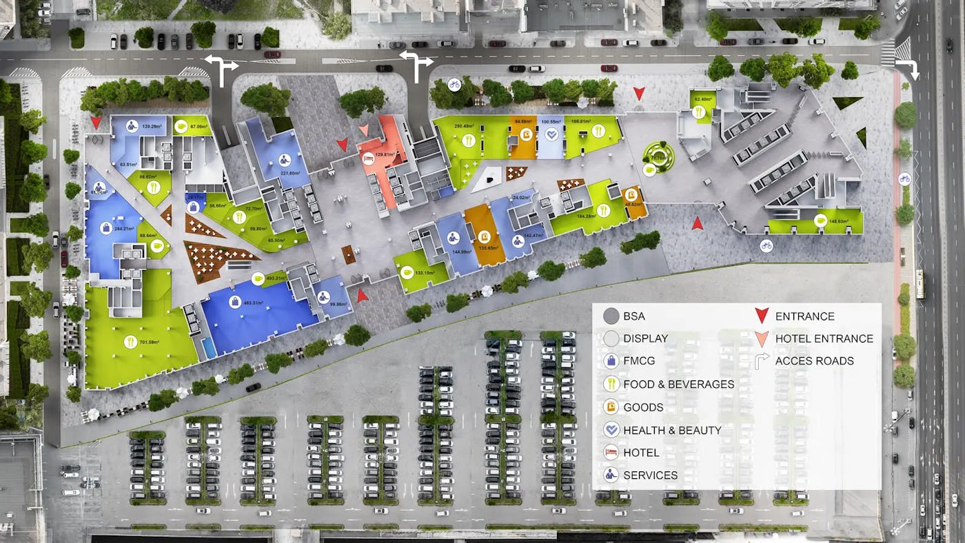 3D-oversikt over et handelskompleks med bestemte områder.